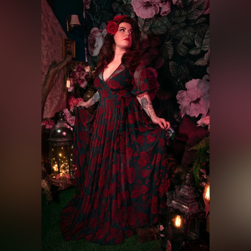 NEW Red Rose Flocked Maxi Wrap Dress Size S